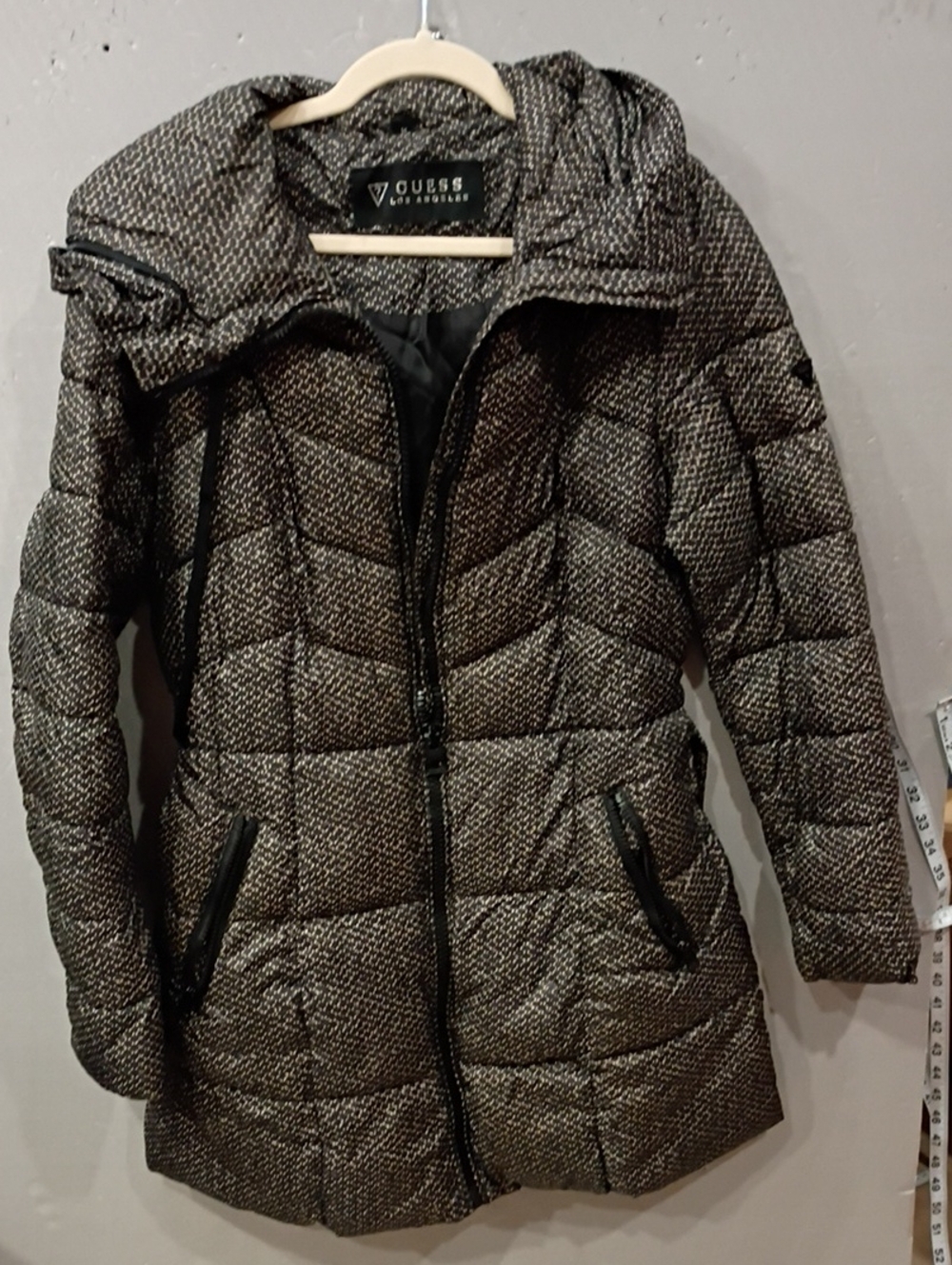 GUESS Women's Quilted Hooded Coat in Metallic Black-Grey